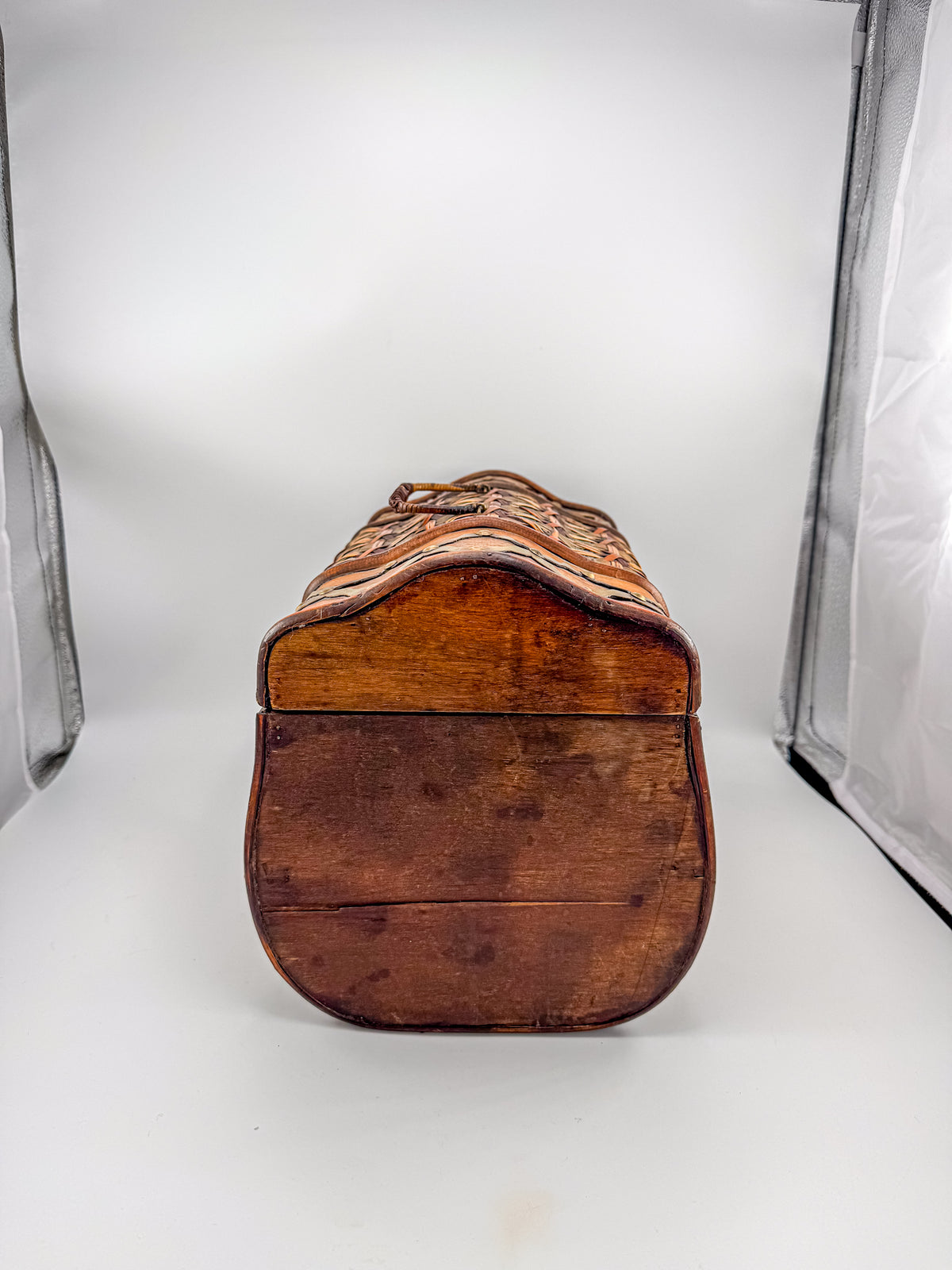 Rustic Wooden Treasure Chest with Woven Panels, Domed Lid and Decorative Metal Accents