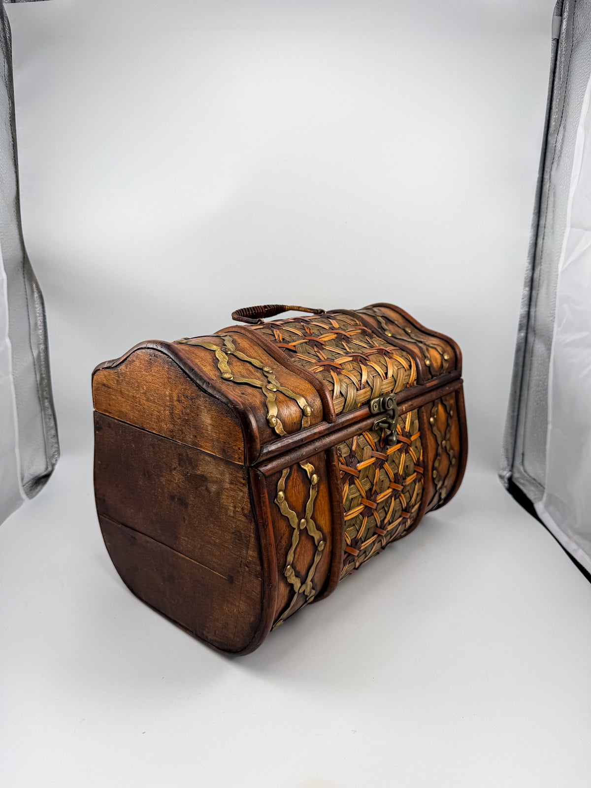 Rustic Wooden Treasure Chest with Woven Panels, Domed Lid and Decorative Metal Accents