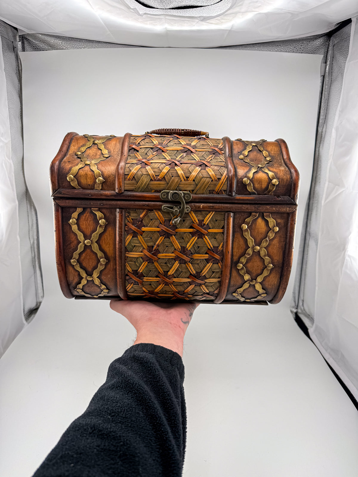 Rustic Wooden Treasure Chest with Woven Panels, Domed Lid and Decorative Metal Accents