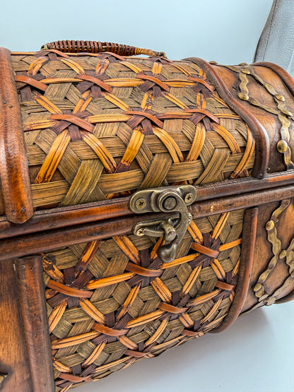 Rustic Wooden Treasure Chest with Woven Panels, Domed Lid and Decorative Metal Accents