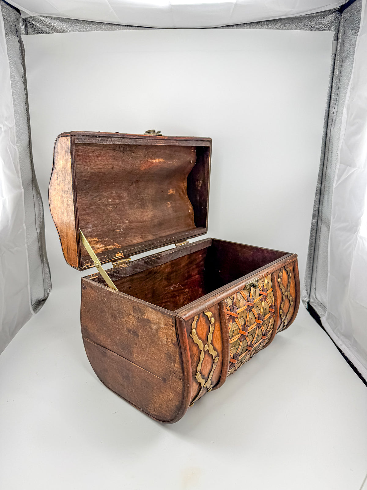Rustic Wooden Treasure Chest with Woven Panels, Domed Lid and Decorative Metal Accents
