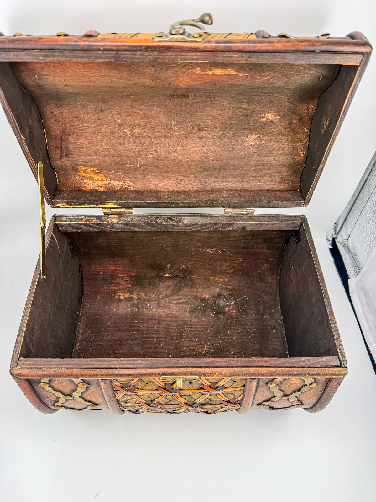 Rustic Wooden Treasure Chest with Woven Panels, Domed Lid and Decorative Metal Accents