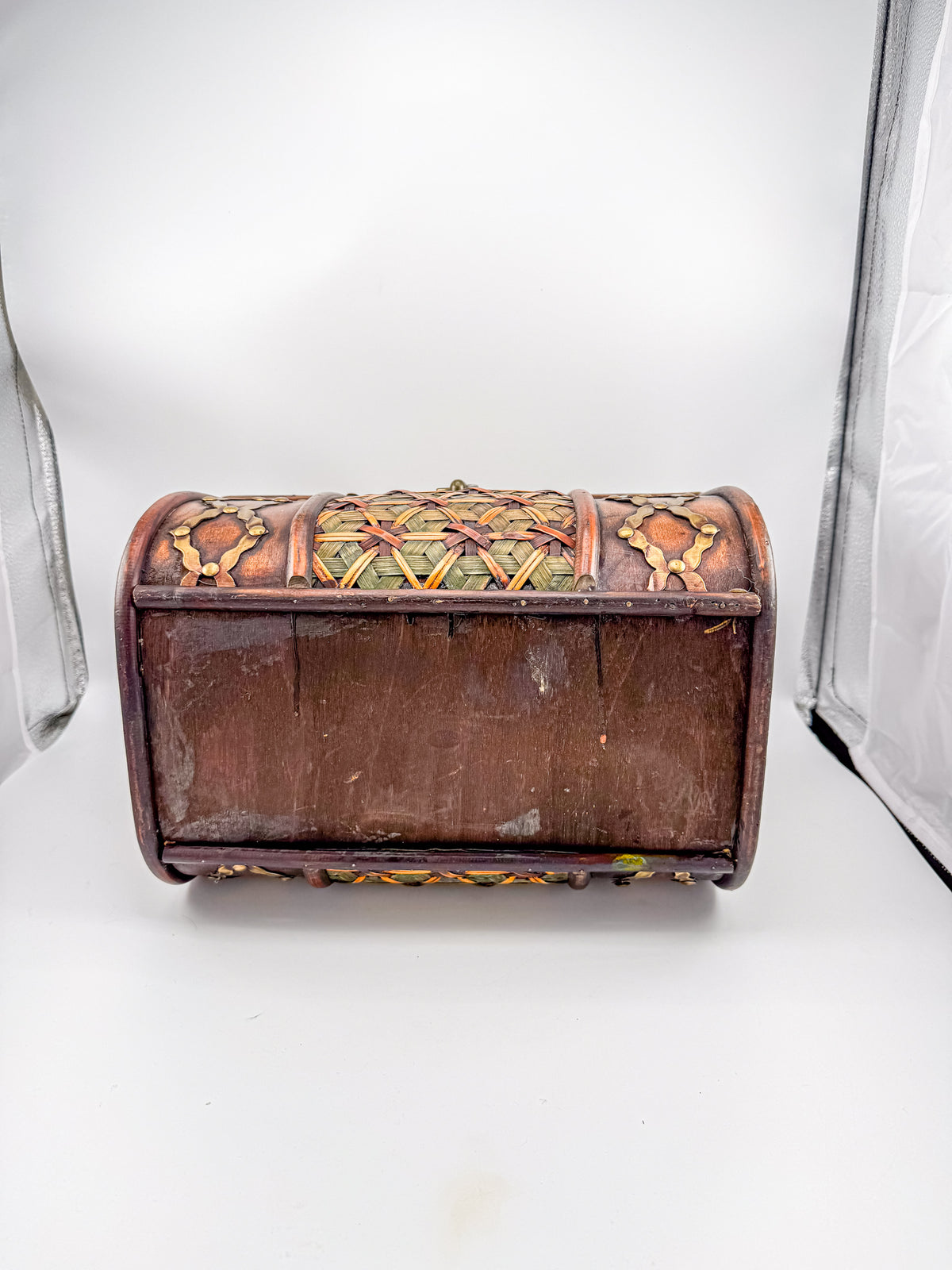 Rustic Wooden Treasure Chest with Woven Panels, Domed Lid and Decorative Metal Accents