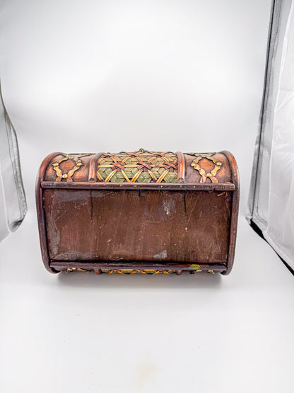 Rustic Wooden Treasure Chest with Woven Panels, Domed Lid and Decorative Metal Accents