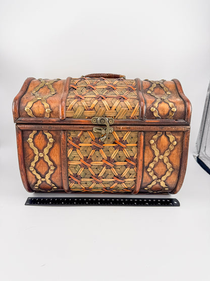 Rustic Wooden Treasure Chest with Woven Panels, Domed Lid and Decorative Metal Accents