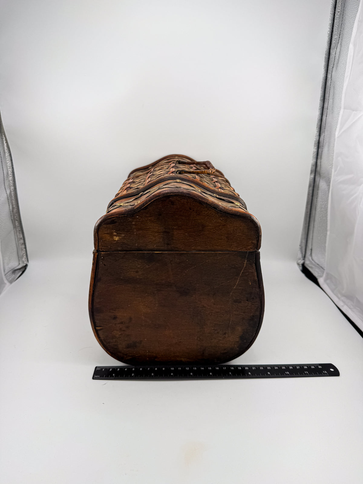 Rustic Wooden Treasure Chest with Woven Panels, Domed Lid and Decorative Metal Accents