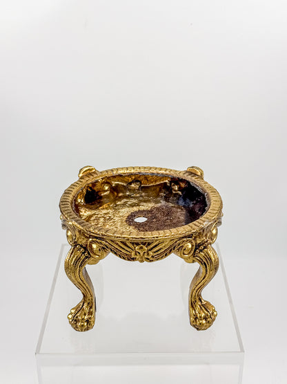 Vintage Ornate Gold-Tone Metal Display Base with Four Claw Feet and Rococo-Style Scrollwork
