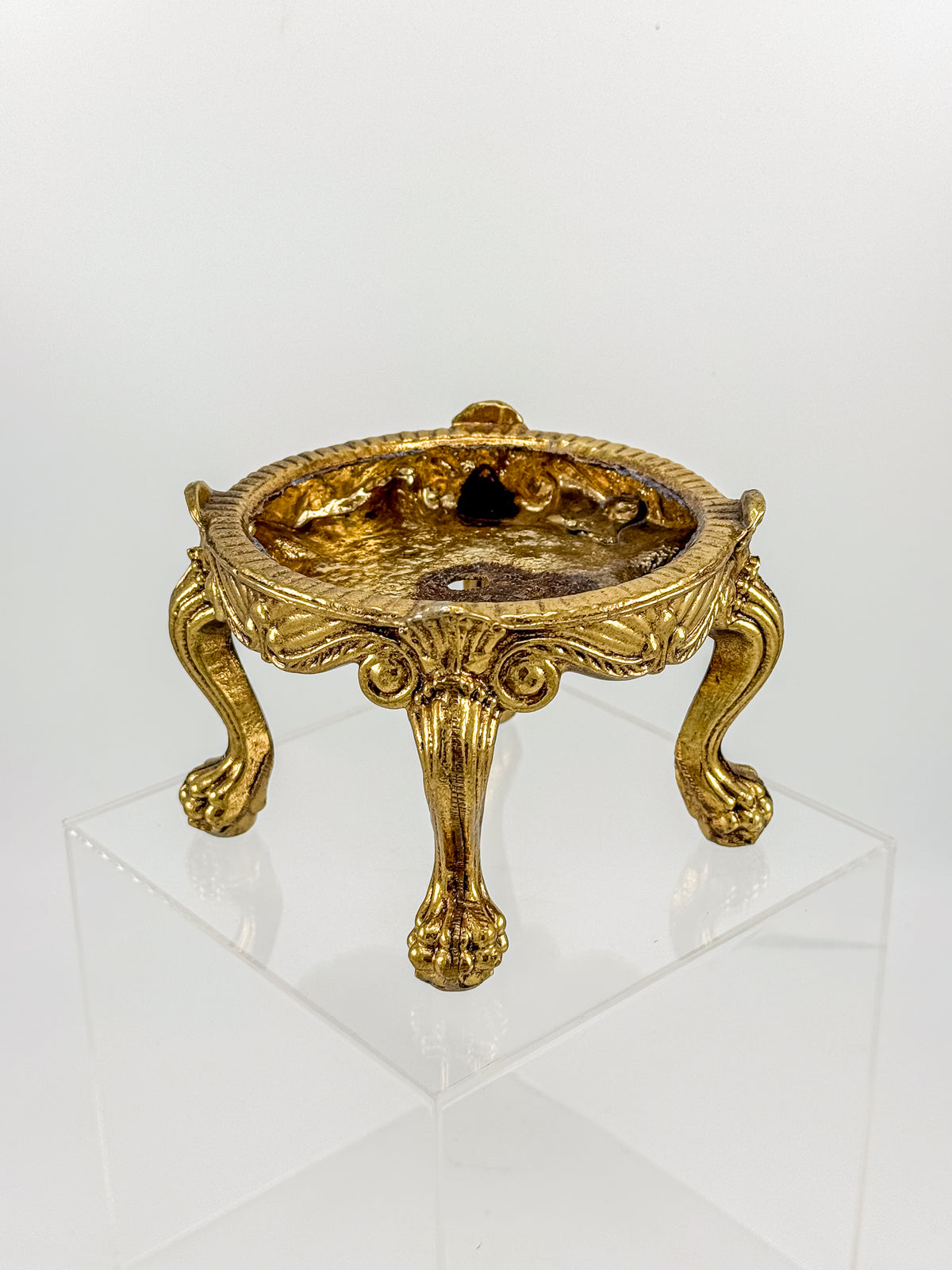 Vintage Ornate Gold-Tone Metal Display Base with Four Claw Feet and Rococo-Style Scrollwork