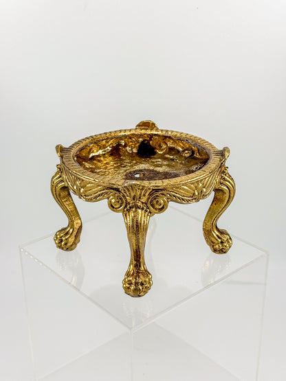 Vintage Ornate Gold-Tone Metal Display Base with Four Claw Feet and Rococo-Style Scrollwork