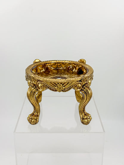 Vintage Ornate Gold-Tone Metal Display Base with Four Claw Feet and Rococo-Style Scrollwork