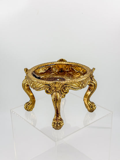 Vintage Ornate Gold-Tone Metal Display Base with Four Claw Feet and Rococo-Style Scrollwork