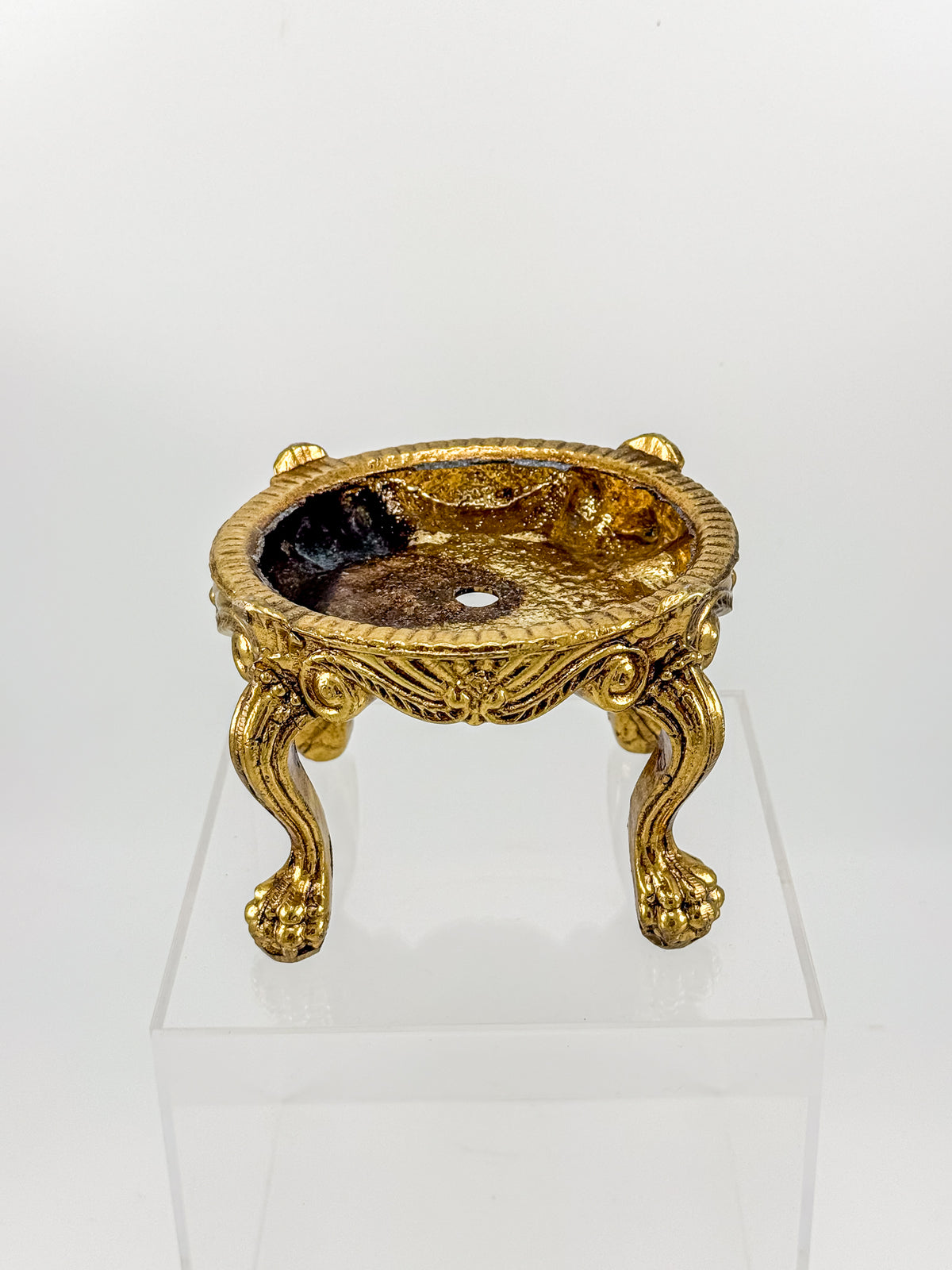 Vintage Ornate Gold-Tone Metal Display Base with Four Claw Feet and Rococo-Style Scrollwork