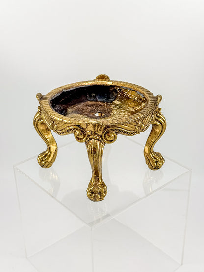Vintage Ornate Gold-Tone Metal Display Base with Four Claw Feet and Rococo-Style Scrollwork