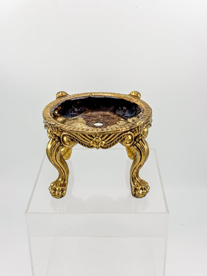 Vintage Ornate Gold-Tone Metal Display Base with Four Claw Feet and Rococo-Style Scrollwork
