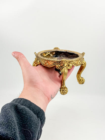 Vintage Ornate Gold-Tone Metal Display Base with Four Claw Feet and Rococo-Style Scrollwork