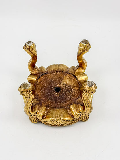 Vintage Ornate Gold-Tone Metal Display Base with Four Claw Feet and Rococo-Style Scrollwork
