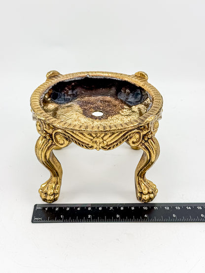 Vintage Ornate Gold-Tone Metal Display Base with Four Claw Feet and Rococo-Style Scrollwork
