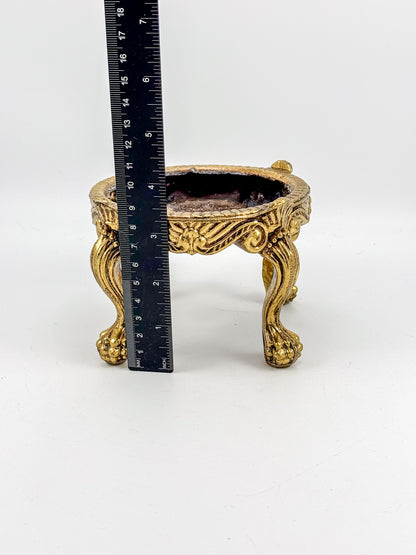Vintage Ornate Gold-Tone Metal Display Base with Four Claw Feet and Rococo-Style Scrollwork