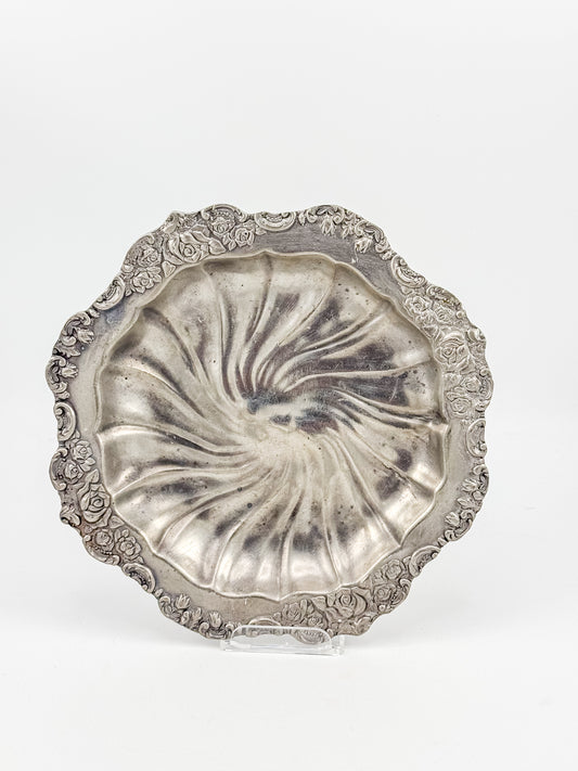 Vintage Tin-Rich Metal Decorative Dish with Swirl Fluting and an Ornate Rose Border, Marked 92% Tin