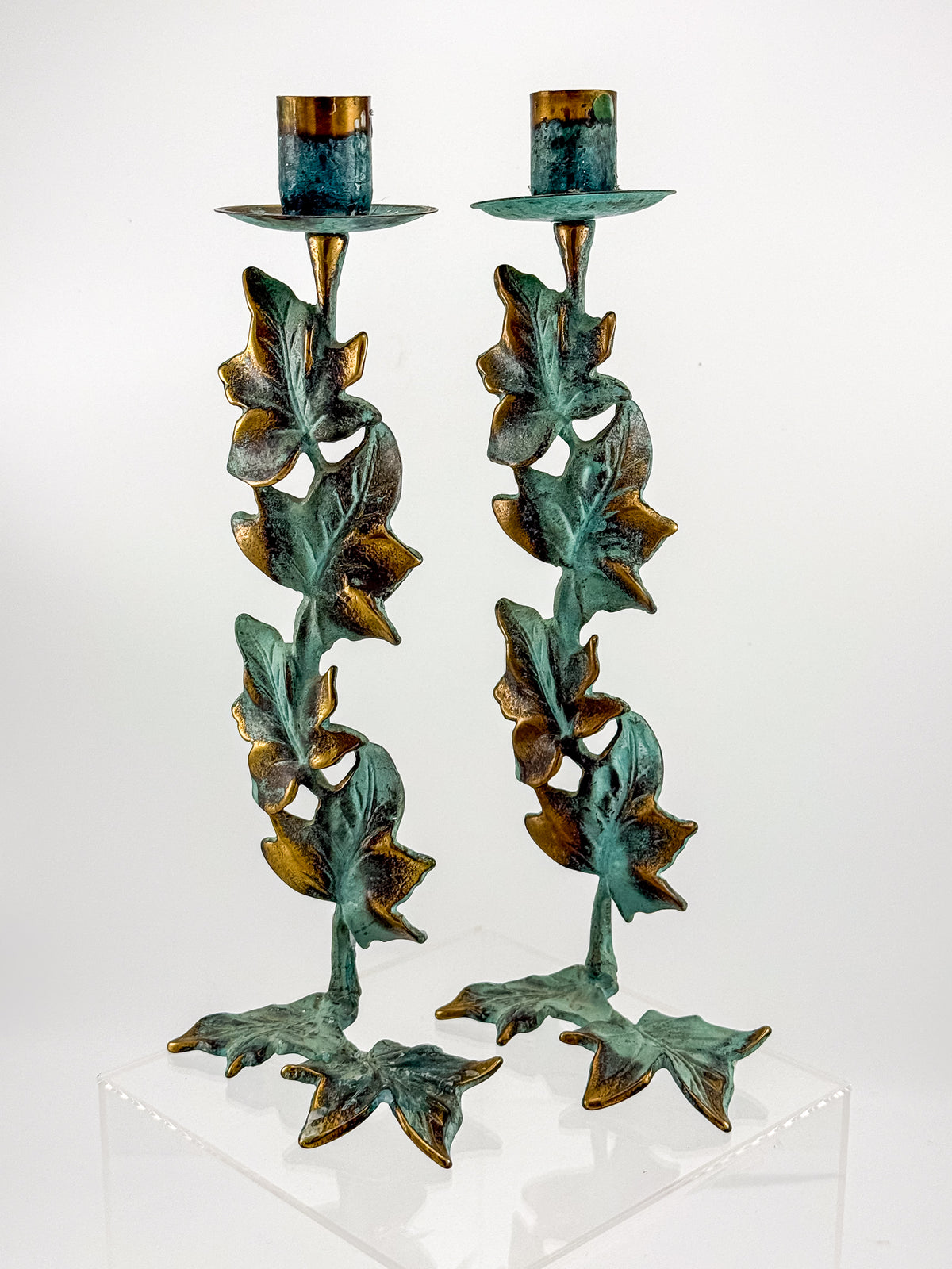 Vintage Metal Ivy Leaf Taper Candle Holders with Green Patina and Gold-Tone Accents, Sold as a Pair