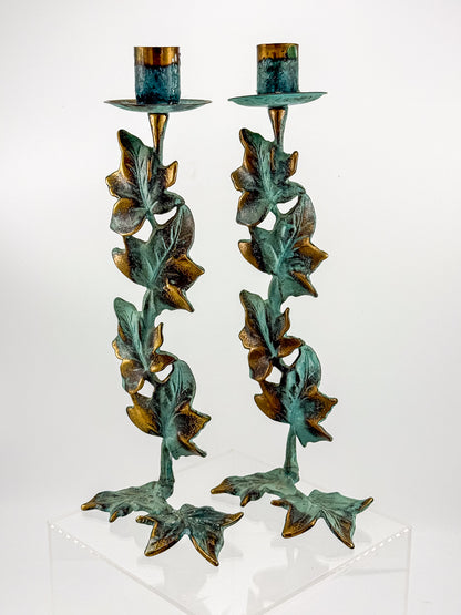Vintage Metal Ivy Leaf Taper Candle Holders with Green Patina and Gold-Tone Accents, Sold as a Pair