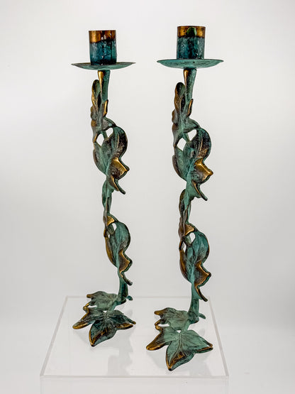 Vintage Metal Ivy Leaf Taper Candle Holders with Green Patina and Gold-Tone Accents, Sold as a Pair