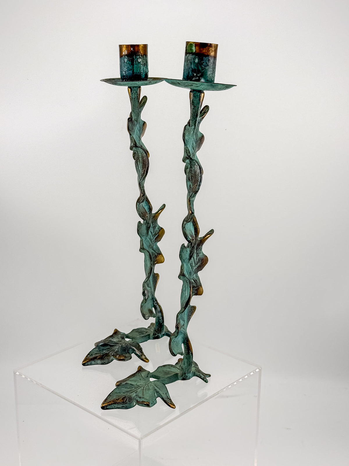 Vintage Metal Ivy Leaf Taper Candle Holders with Green Patina and Gold-Tone Accents, Sold as a Pair