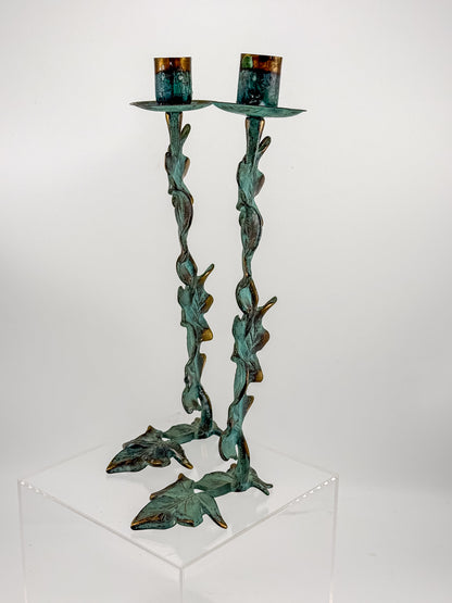 Vintage Metal Ivy Leaf Taper Candle Holders with Green Patina and Gold-Tone Accents, Sold as a Pair