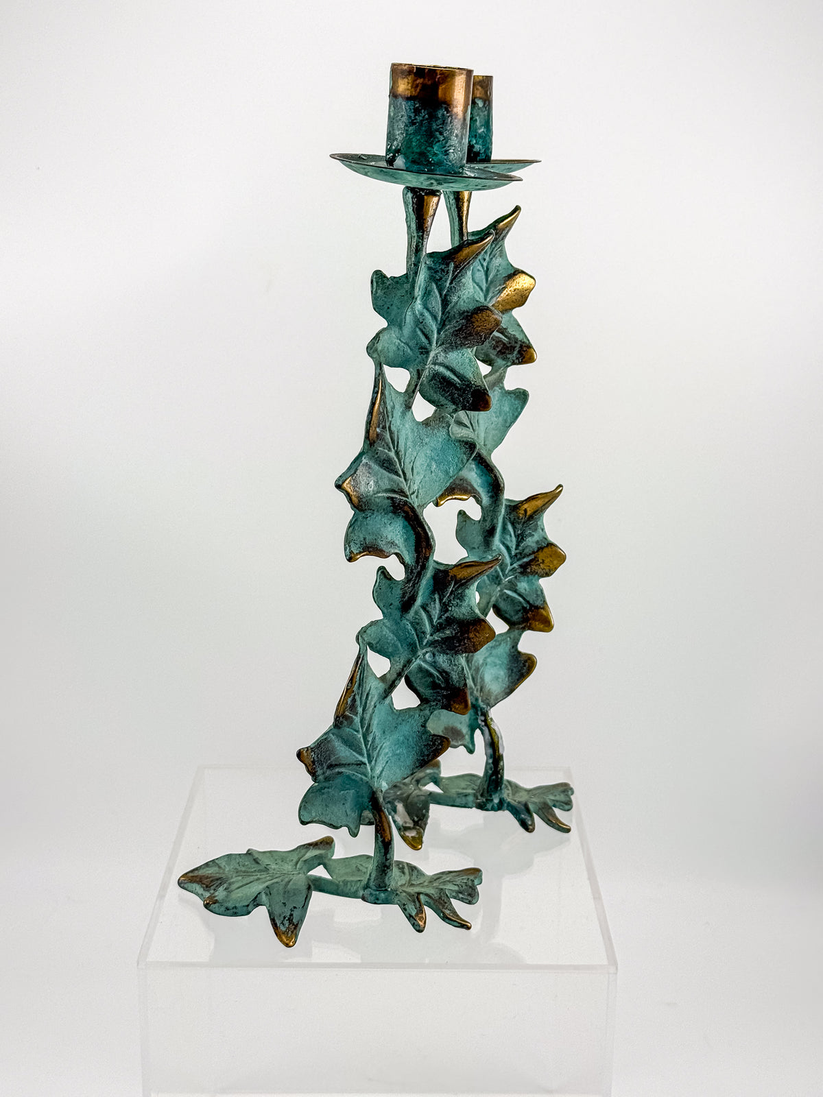 Vintage Metal Ivy Leaf Taper Candle Holders with Green Patina and Gold-Tone Accents, Sold as a Pair