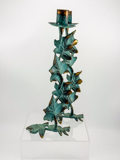 Vintage Metal Ivy Leaf Taper Candle Holders with Green Patina and Gold-Tone Accents, Sold as a Pair