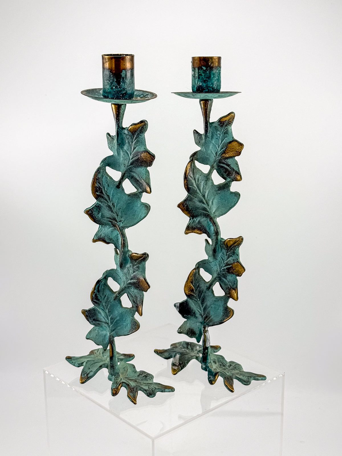 Vintage Metal Ivy Leaf Taper Candle Holders with Green Patina and Gold-Tone Accents, Sold as a Pair