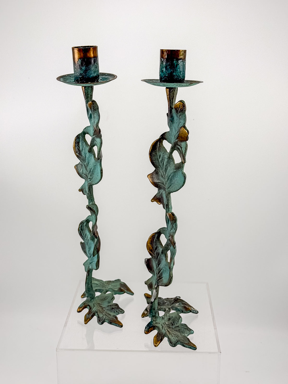 Vintage Metal Ivy Leaf Taper Candle Holders with Green Patina and Gold-Tone Accents, Sold as a Pair