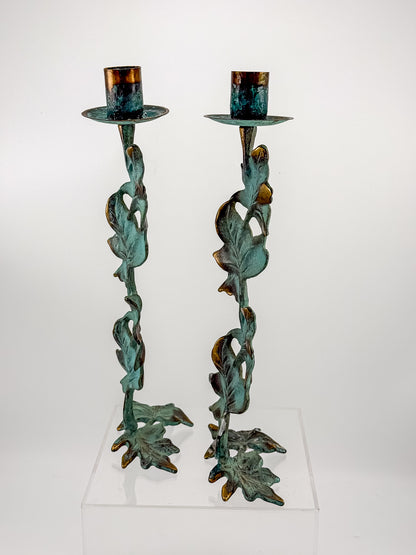 Vintage Metal Ivy Leaf Taper Candle Holders with Green Patina and Gold-Tone Accents, Sold as a Pair