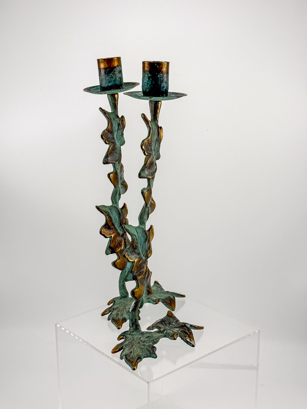 Vintage Metal Ivy Leaf Taper Candle Holders with Green Patina and Gold-Tone Accents, Sold as a Pair