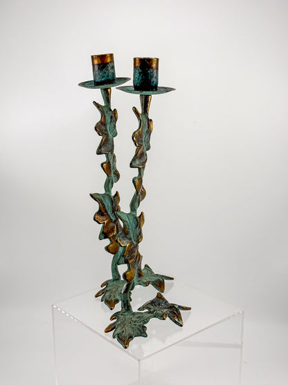 Vintage Metal Ivy Leaf Taper Candle Holders with Green Patina and Gold-Tone Accents, Sold as a Pair