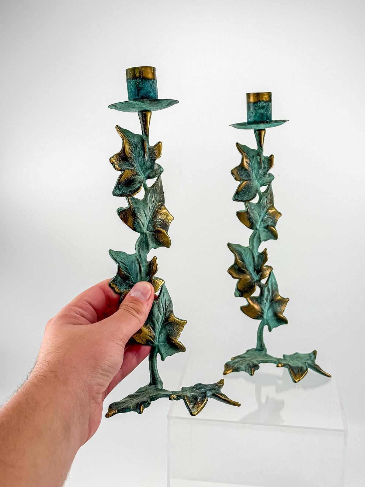 Vintage Metal Ivy Leaf Taper Candle Holders with Green Patina and Gold-Tone Accents, Sold as a Pair
