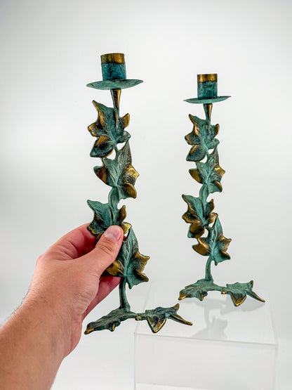 Vintage Metal Ivy Leaf Taper Candle Holders with Green Patina and Gold-Tone Accents, Sold as a Pair