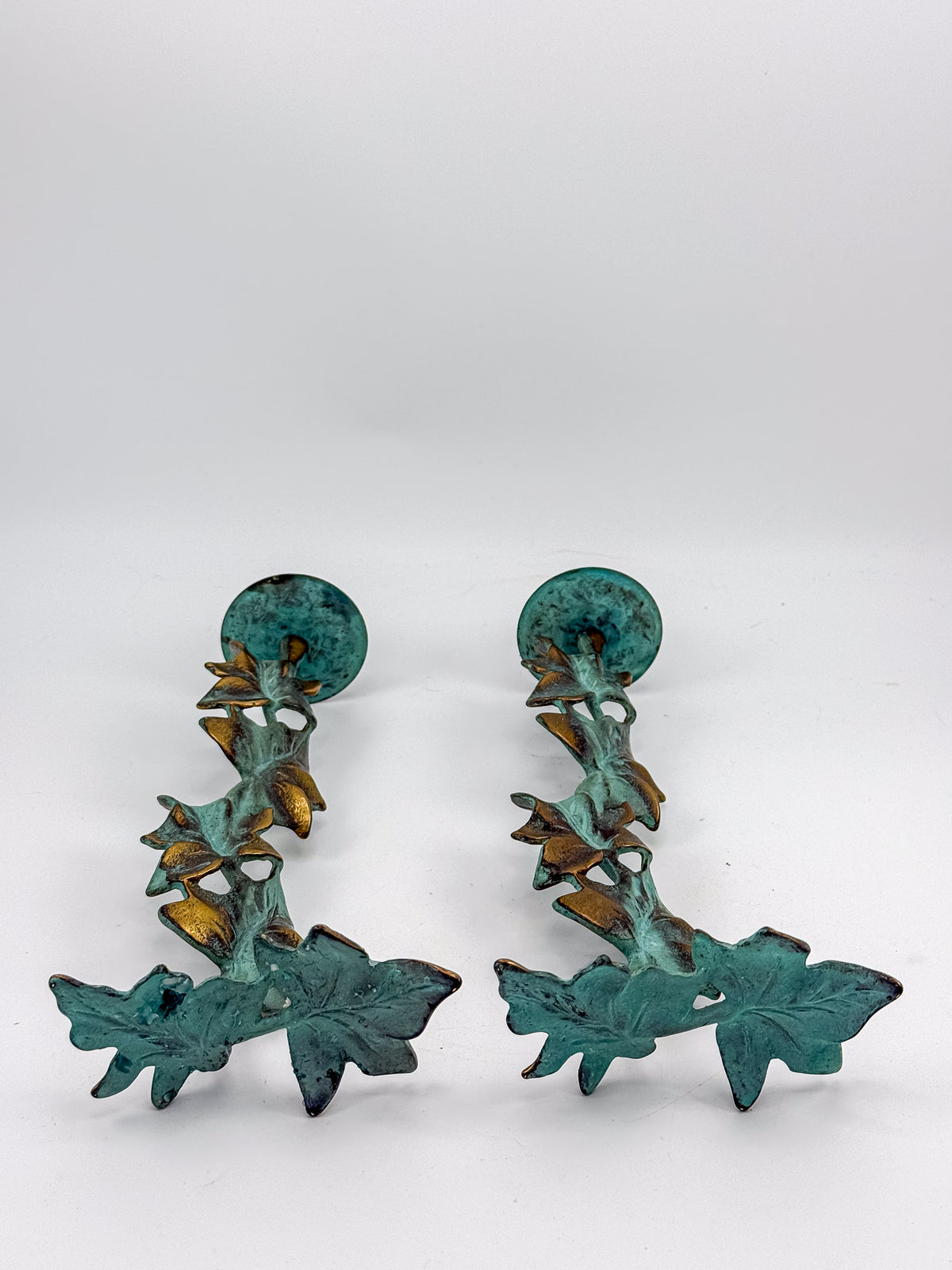 Vintage Metal Ivy Leaf Taper Candle Holders with Green Patina and Gold-Tone Accents, Sold as a Pair