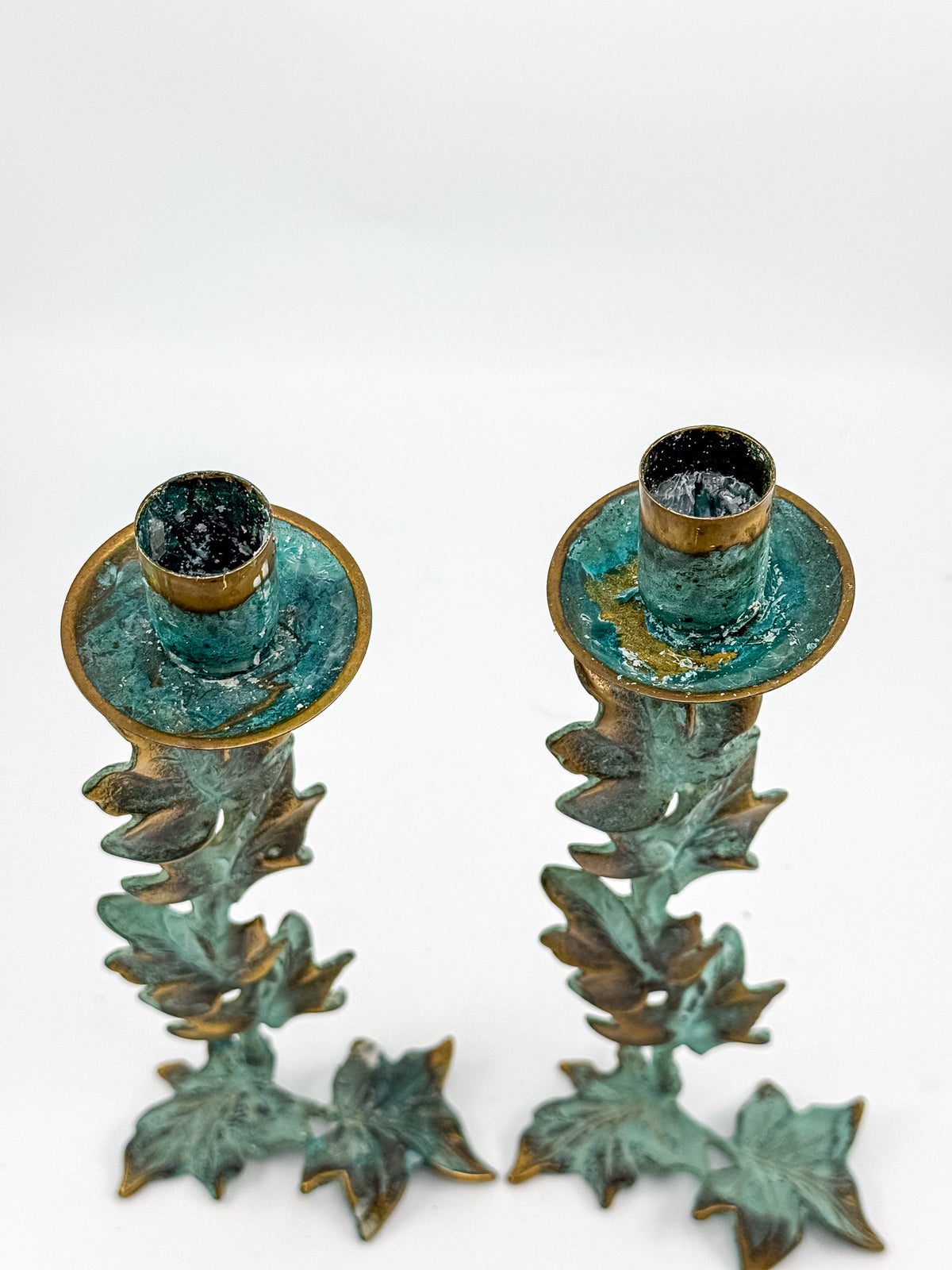 Vintage Metal Ivy Leaf Taper Candle Holders with Green Patina and Gold-Tone Accents, Sold as a Pair