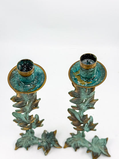 Vintage Metal Ivy Leaf Taper Candle Holders with Green Patina and Gold-Tone Accents, Sold as a Pair