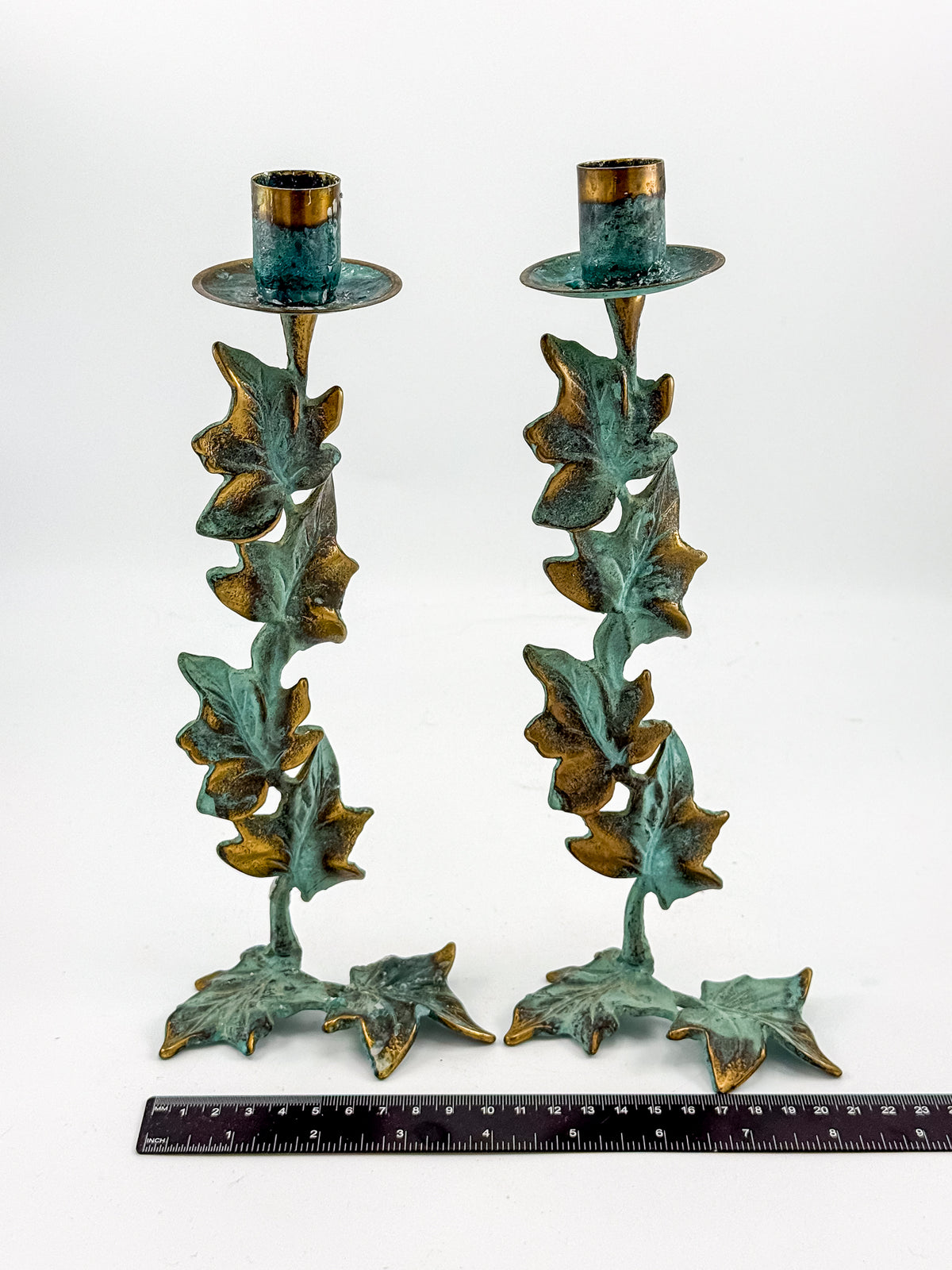 Vintage Metal Ivy Leaf Taper Candle Holders with Green Patina and Gold-Tone Accents, Sold as a Pair
