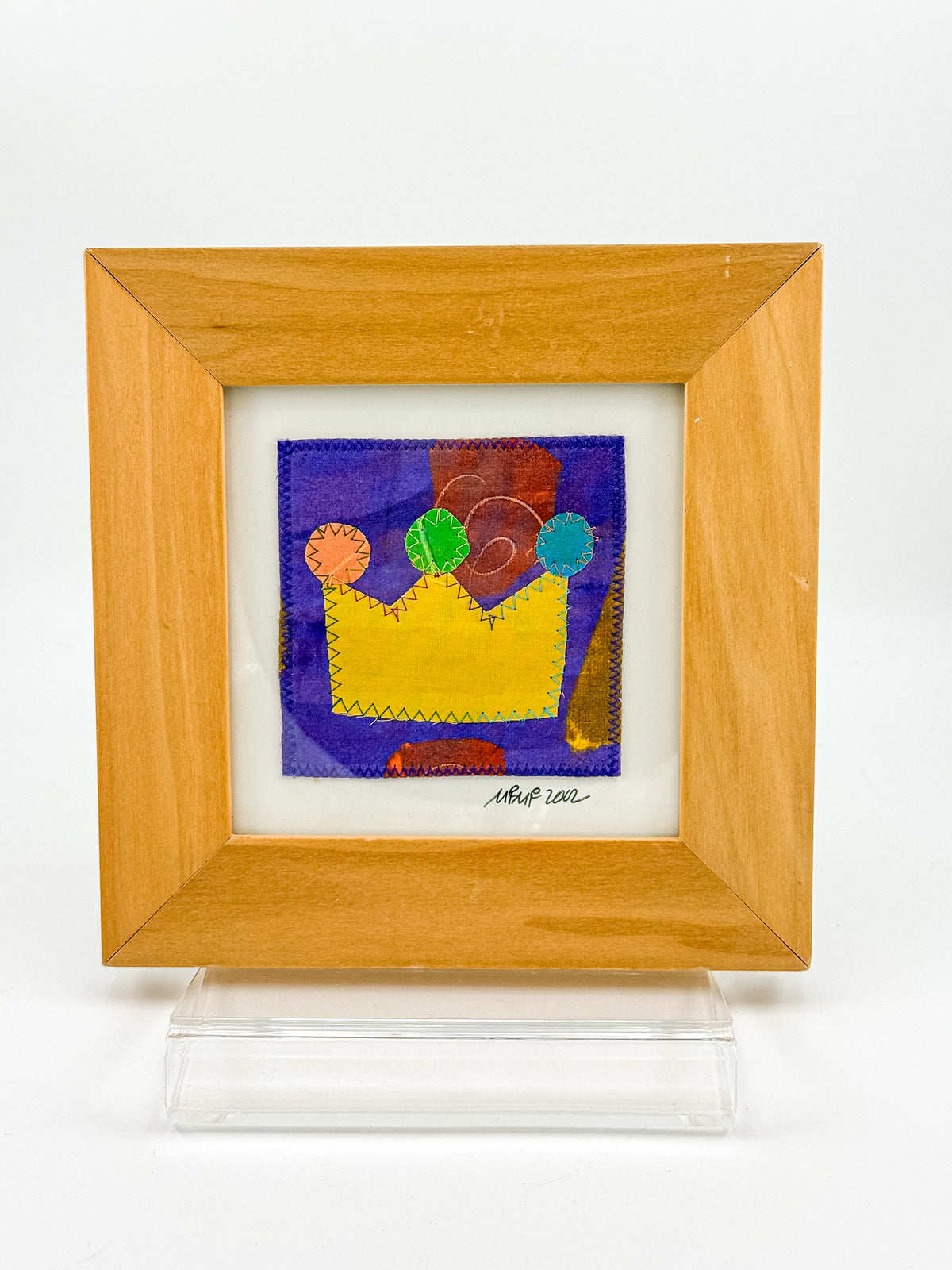 Signed Framed Textile Art with Colorful Fabric Appliqué, Folk Art Quilt Square in a Wood Frame