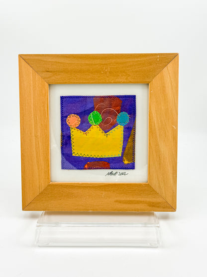 Signed Framed Textile Art with Colorful Fabric Appliqué, Folk Art Quilt Square in a Wood Frame