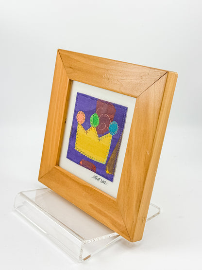 Signed Framed Textile Art with Colorful Fabric Appliqué, Folk Art Quilt Square in a Wood Frame
