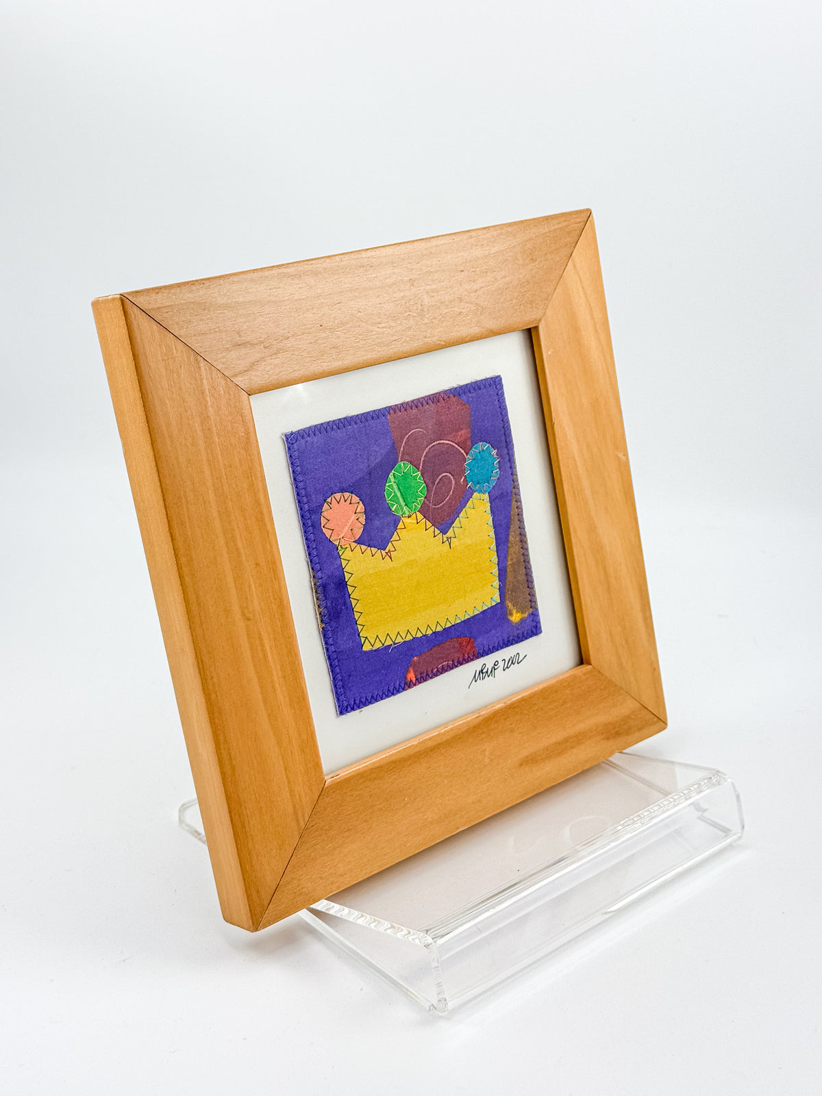 Signed Framed Textile Art with Colorful Fabric Appliqué, Folk Art Quilt Square in a Wood Frame