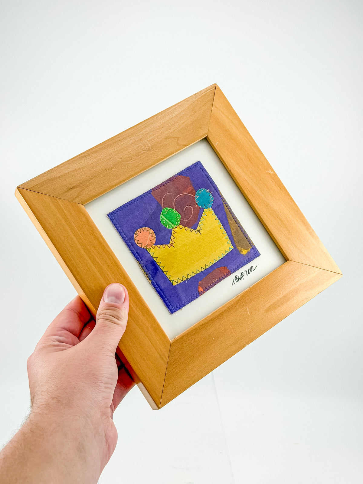 Signed Framed Textile Art with Colorful Fabric Appliqué, Folk Art Quilt Square in a Wood Frame