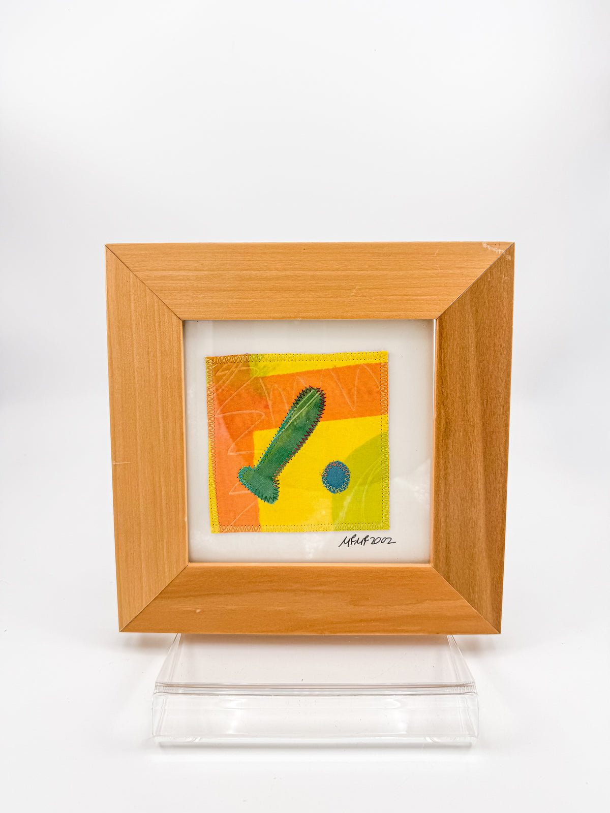 Signed Framed Textile Art with Yellow and Orange Fabric Appliqué, Abstract Folk Art Quilt Square