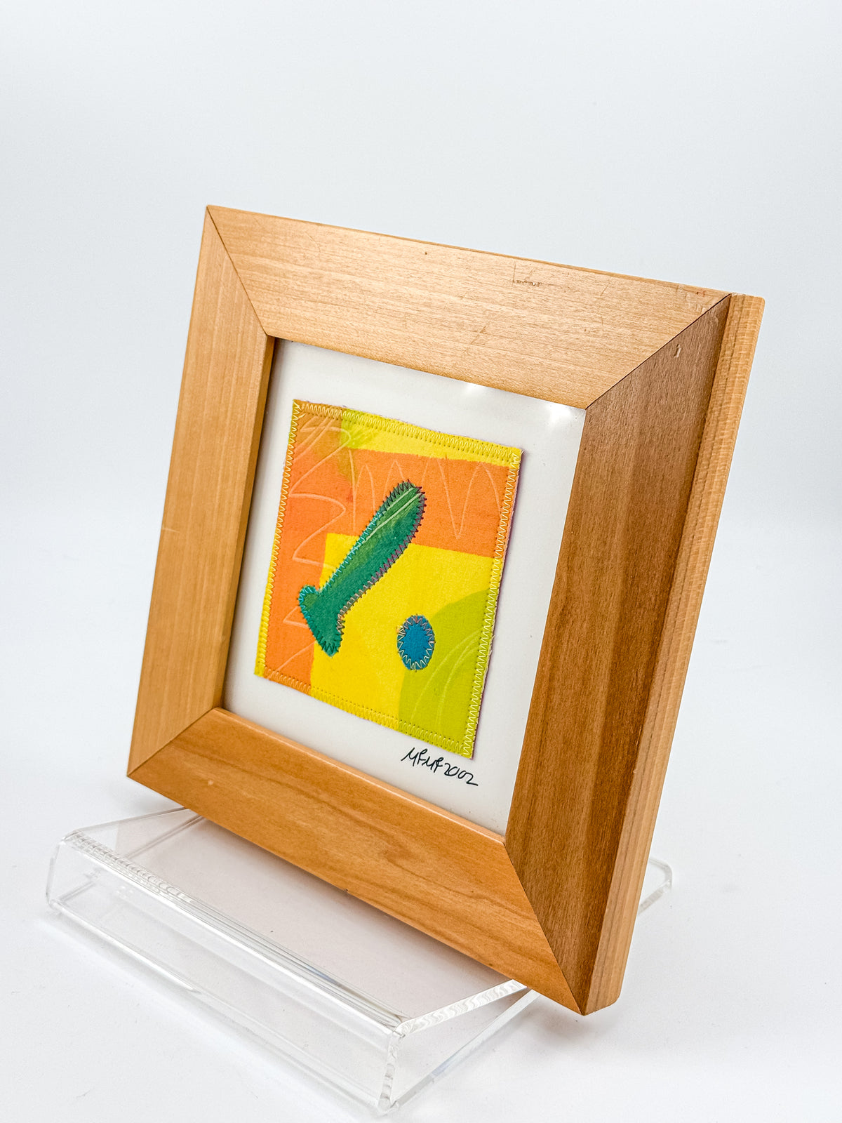 Signed Framed Textile Art with Yellow and Orange Fabric Appliqué, Abstract Folk Art Quilt Square