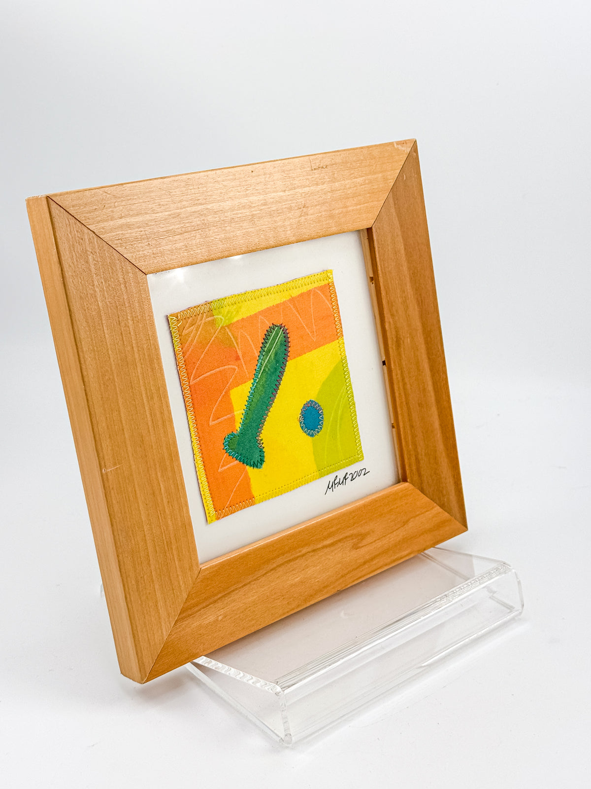 Signed Framed Textile Art with Yellow and Orange Fabric Appliqué, Abstract Folk Art Quilt Square