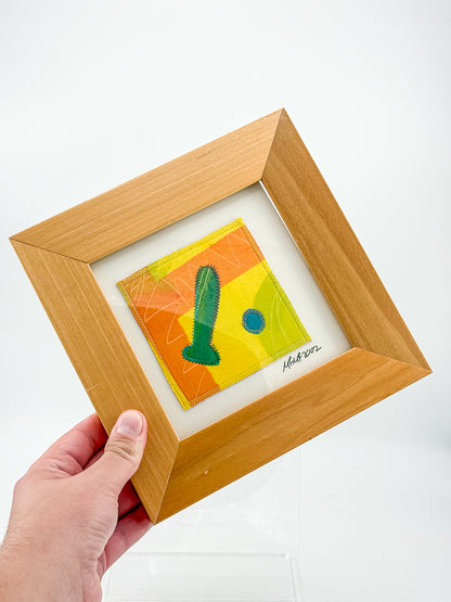 Signed Framed Textile Art with Yellow and Orange Fabric Appliqué, Abstract Folk Art Quilt Square